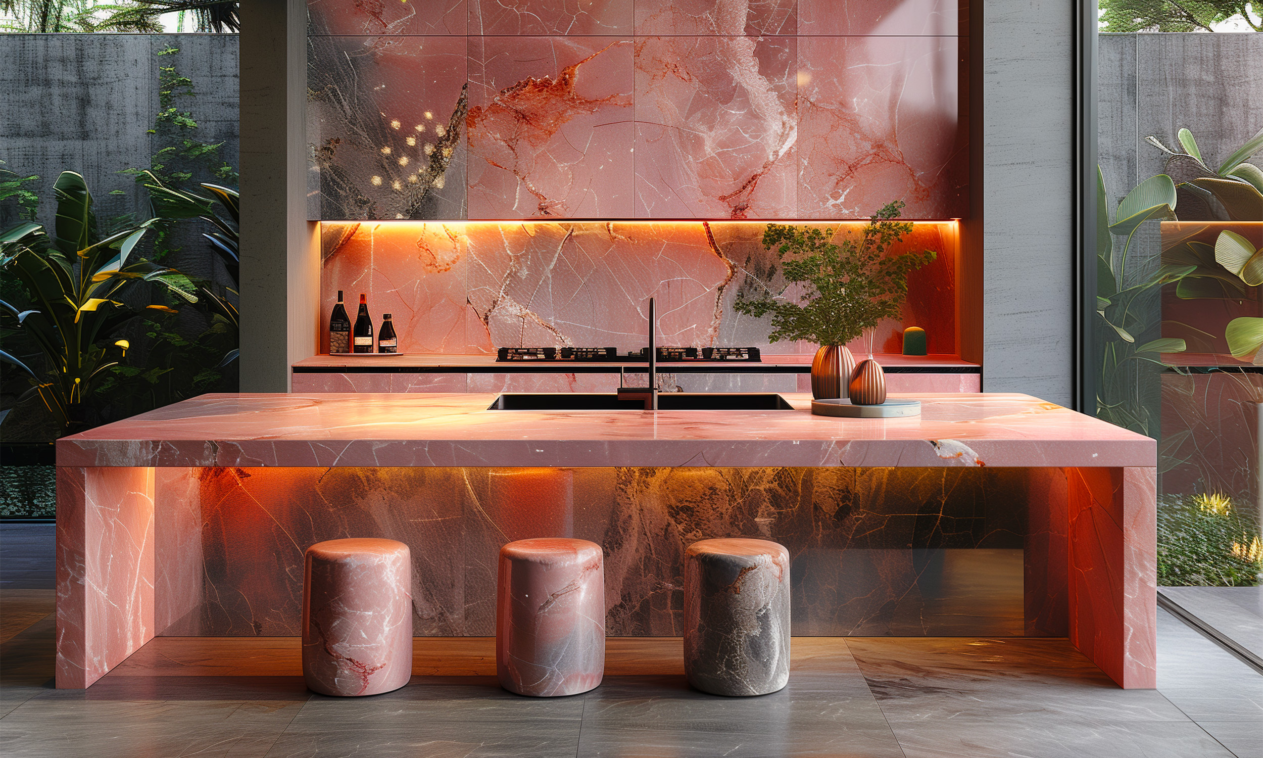 Progetto cucina in marmo rosa