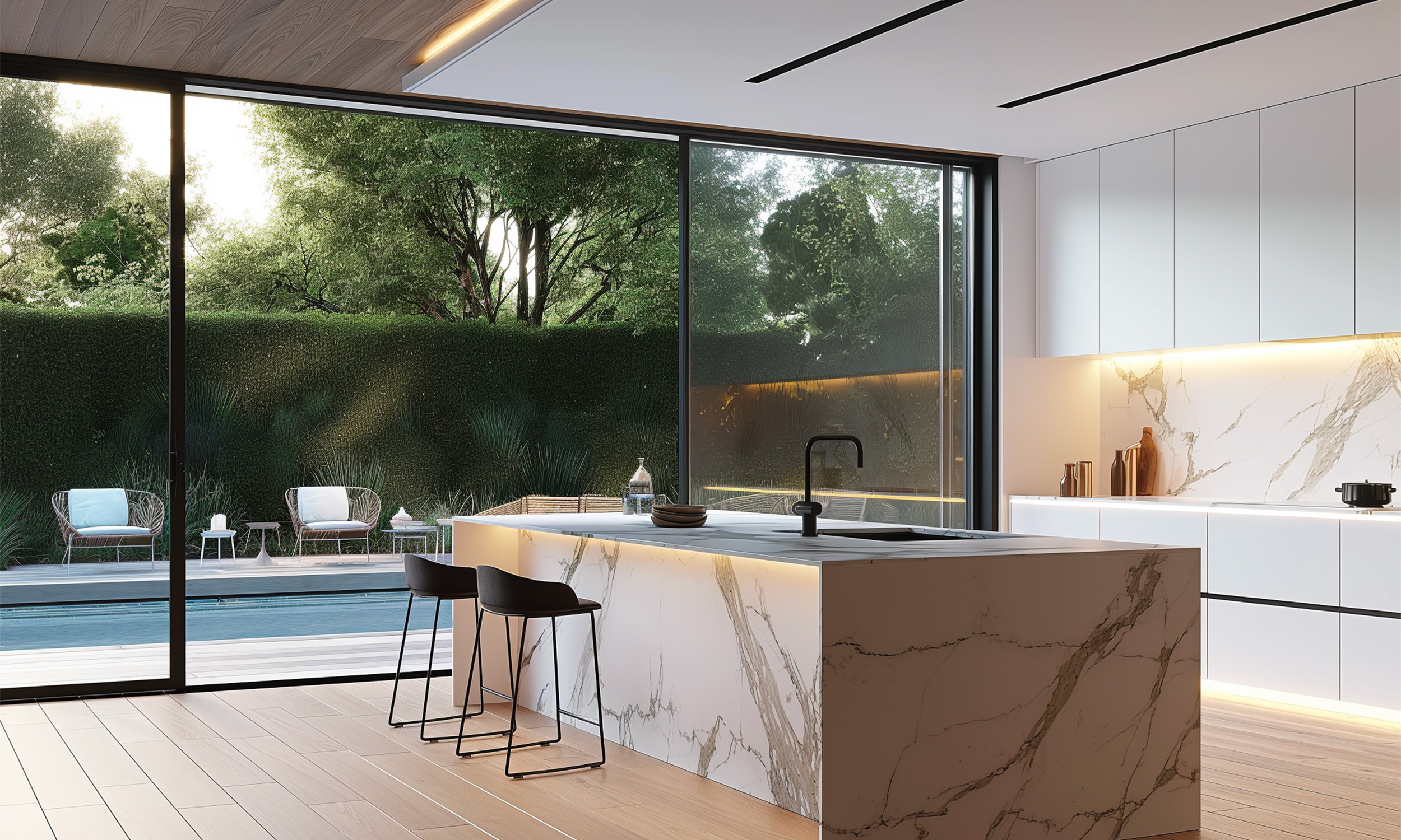 Progetto cucina con vista su piscina esterna